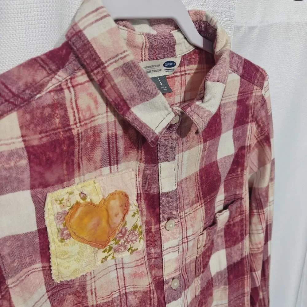 Upcycled Shabby Patchwork Flannel Shirt L Flower Festival Artsy Boho Hippie - Picture 7 of 11